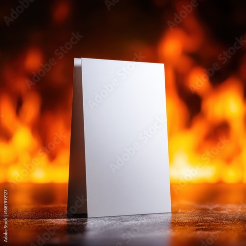 Folded A4 paper mockup with fire flames background — dramatic branding template
