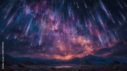 Celestial Wonder: Meteor Shower Over Majestic Mountain Landscape