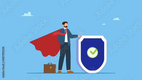 Businessman superhero holding strong protection shield. Security safety, protection or shielding insurance, privacy protect, defense from cyber attack, safeguard, guarantee or threats control.