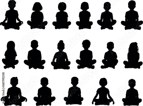 Diverse group of children silhouettes sitting in lotus pose meditation kids