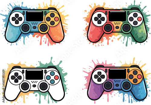 Four colorful video game controllers with watercolor splashes gaming joystick
