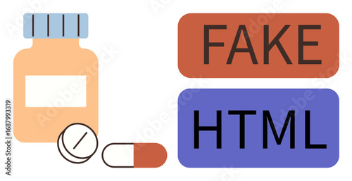 Medication bottle, tablets, capsule, and FAKE labels emphasize counterfeit drugs and misinformation. Ideal for healthcare, fraud awareness, internet safety, public health, online pharmacy medicine