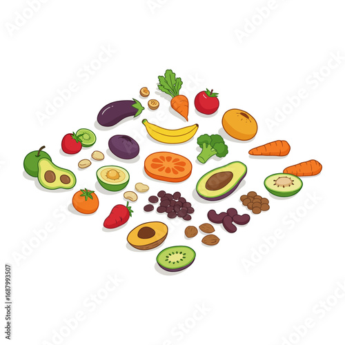fruits and vegetables assortment includes avocados banana carrot tomato eggplant kiwi plum healthy eating diet vegan