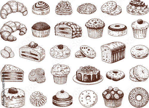 Hand drawn collection of various baked goods and pastries in brown ink croissant pastry