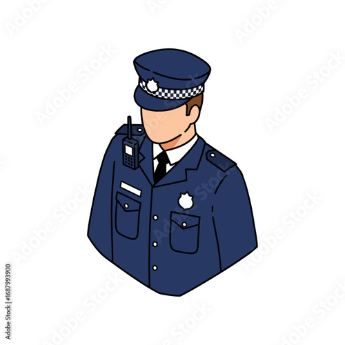 police officer in uniform with radio on shoulder illustration patrolling streets for public safety and order in community