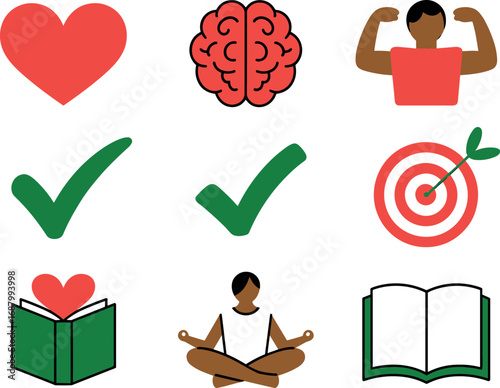 Red heart brain strong person two green checkmarks target and open book human brain strength