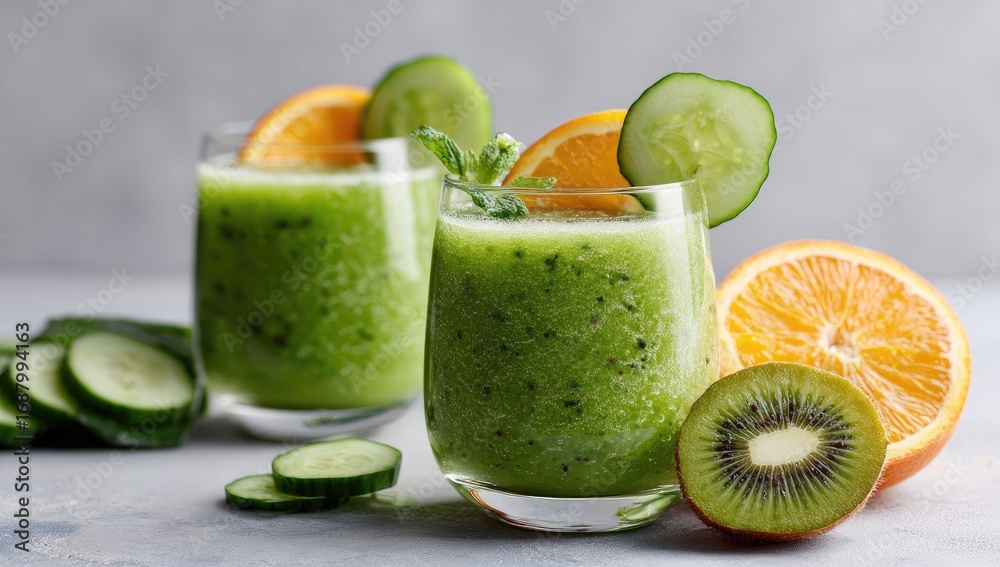 Two glasses of vibrant green smoothie garnished with cucumber, orange slices, and mint Two glasses of vibrant green smoothie garnished with cucumber, orange slices, and mint