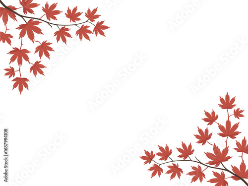 Red maple leaves on branches in corners of white background autumn fall