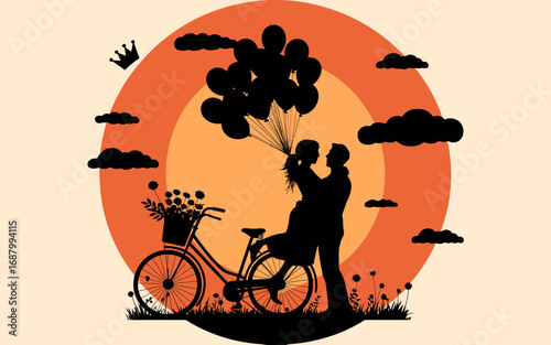 Silhouette couple embracing with balloons and bicycle at sunset, celebrating love and romance
