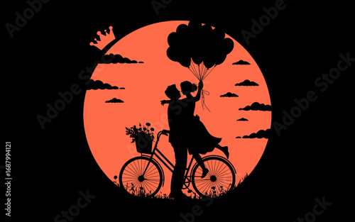 Romantic couple embracing on bicycle with balloons against a vibrant sunset