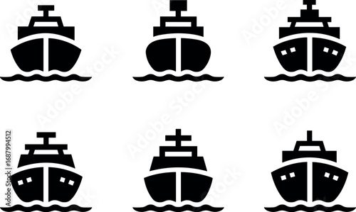 Six stylized black ship icons sailing on wavy water boat vessel