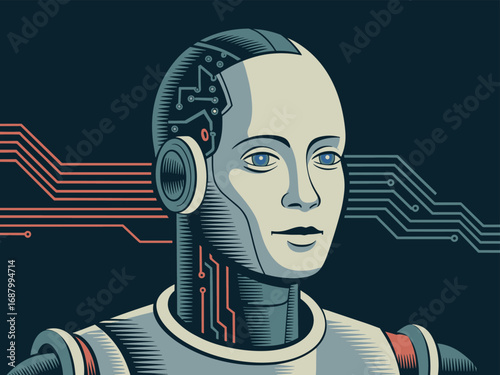 Stylized illustration of a humanoid robot head with circuit board details android face