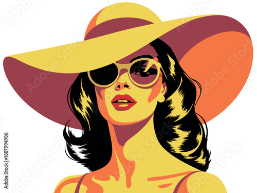Stylized portrait of a woman in a wide brimmed hat and sunglasses glamorous fashion