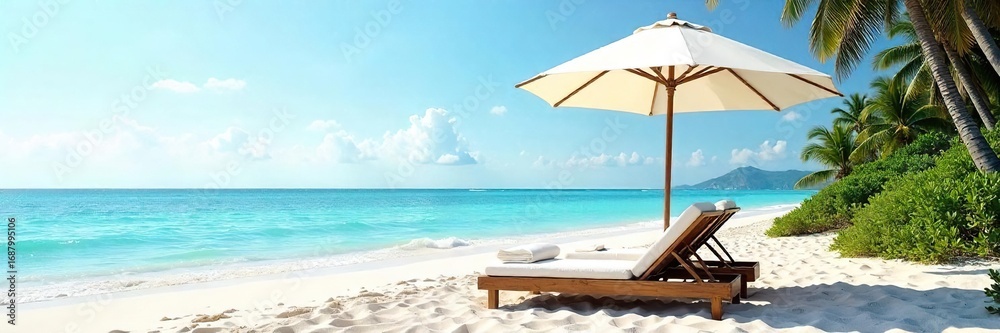 Obraz premium Relaxing beach scene featuring comfortable beds under a large beach umbrella, perfect for a sunny day at the seaside Ideal for travel, vacation, and summer themes , day, leisure, vibrant