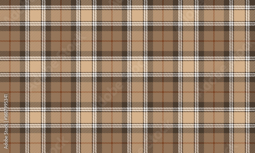 This seamless plaid pattern, in brown, beige, and white, gives a warm, simple feel. Perfect for designing clothes, skirts, pants, and contemporary fashion. Vector illustration.