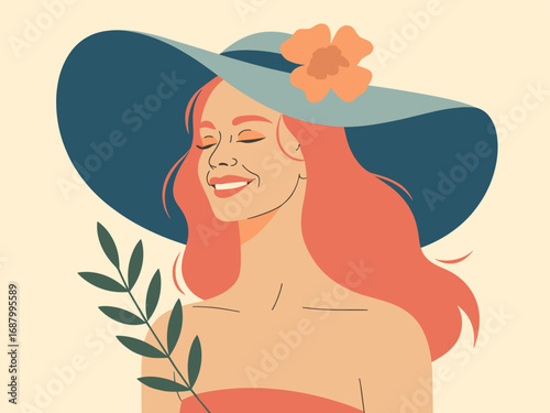 Stylized woman with coral hair wearing a wide brim hat with flower portrait illustration