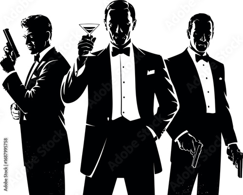 Three men in black suits holding guns and a martini glass male silhouette