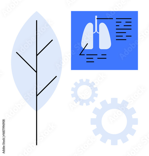 Leaf representing nature, lungs diagram symbolizing health, and gears for technology and innovation. Ideal for ecology, health, environment, sustainability, biology innovation education. Simple