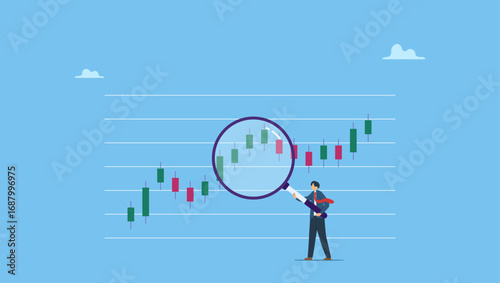 Businessman trader magnify candlestick chart. Technical analysis trader to analyze stock market or crypto currency data movement, trend analysis to take profit, buy and sell indicator chart.