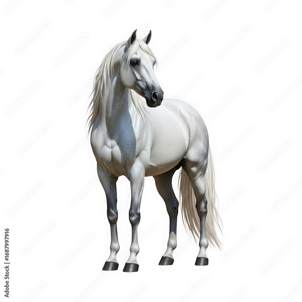 Obraz premium Majestic white arabian horse stands proudly with flowing mane and tail isolated transparent background