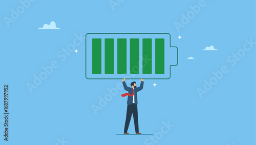 Energetic businessman carry full recharge battery. Full battery recharge, full energy to work or refresh from exhaustion, burnout recover, fuel employee or productive and efficient.