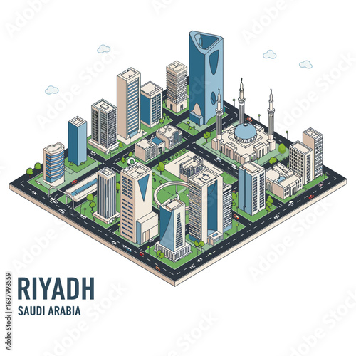 isometric cityscape of riyadh saudi arabia modern architecture buildings evoking progress in the middle east for travel ads.