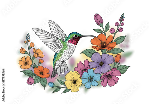 A vibrant vintage vector illustration of a bird on a floral branch, with a seamless pattern of blossoms and leaves