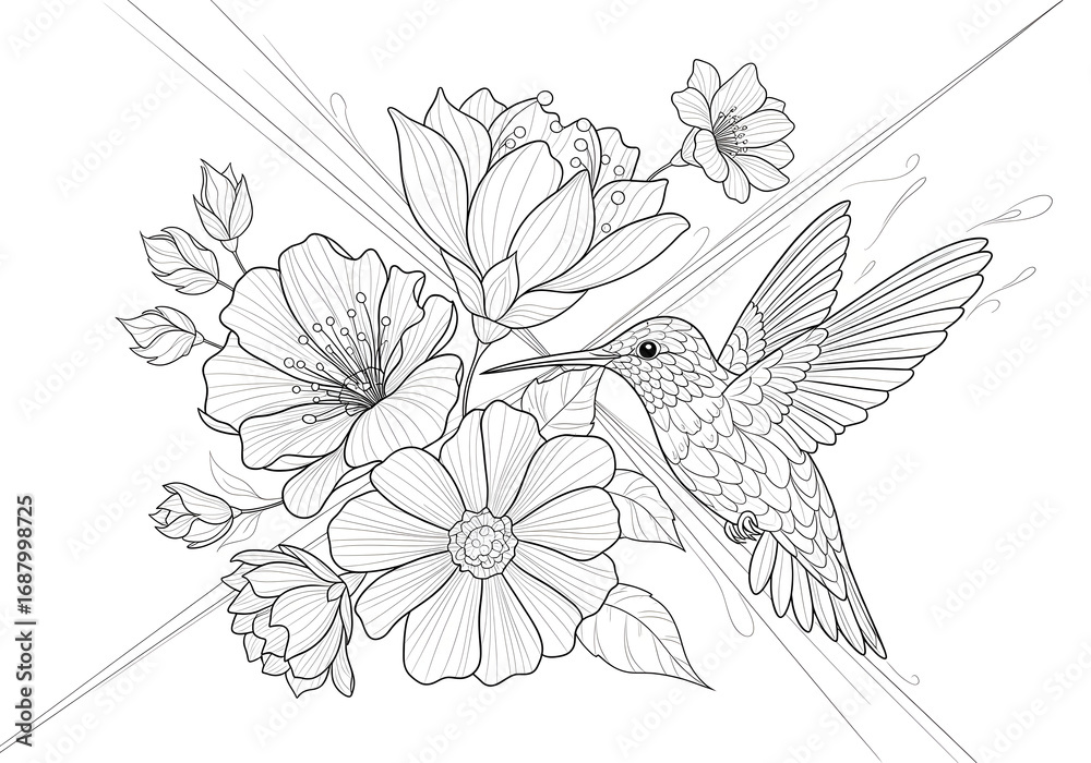 Obraz premium A vibrant vintage vector illustration of a bird on a floral branch, with a seamless pattern of blossoms and leaves
