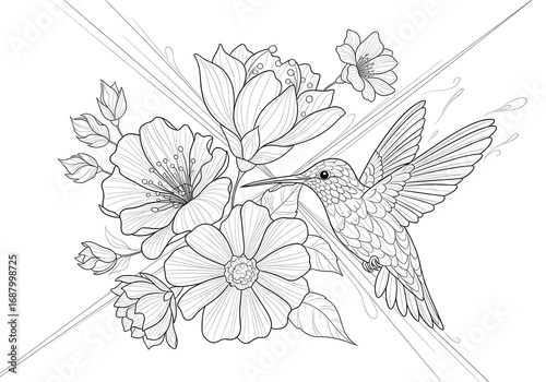 A vibrant vintage vector illustration of a bird on a floral branch, with a seamless pattern of blossoms and leaves