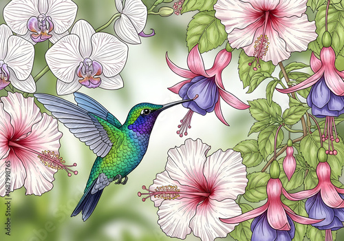 A vintage seamless pattern with pink bird of paradise flowers, butterflies, and green leaves