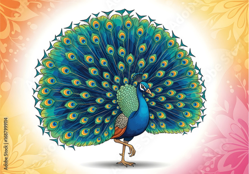 A vibrant vector art illustration of a colorful peacock with floral feathers against a blue and
