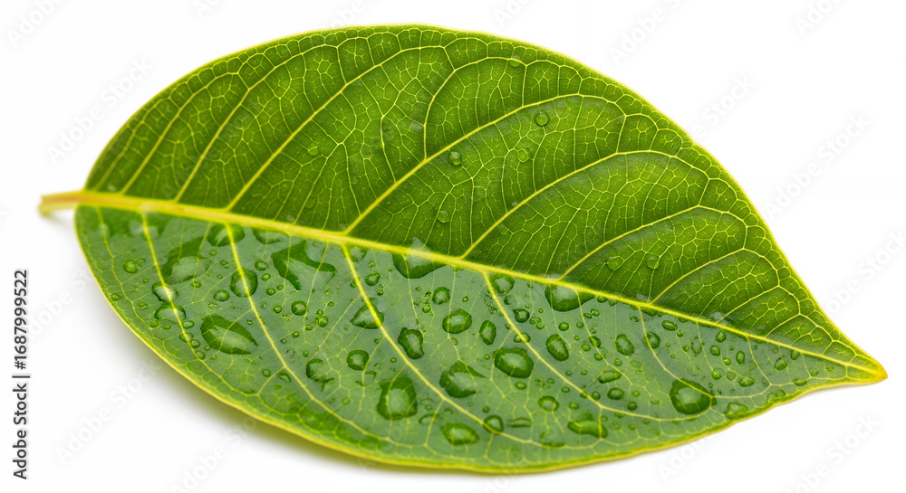 Obraz premium A single green leaf with water droplets on its surface isolated against a white background close up view