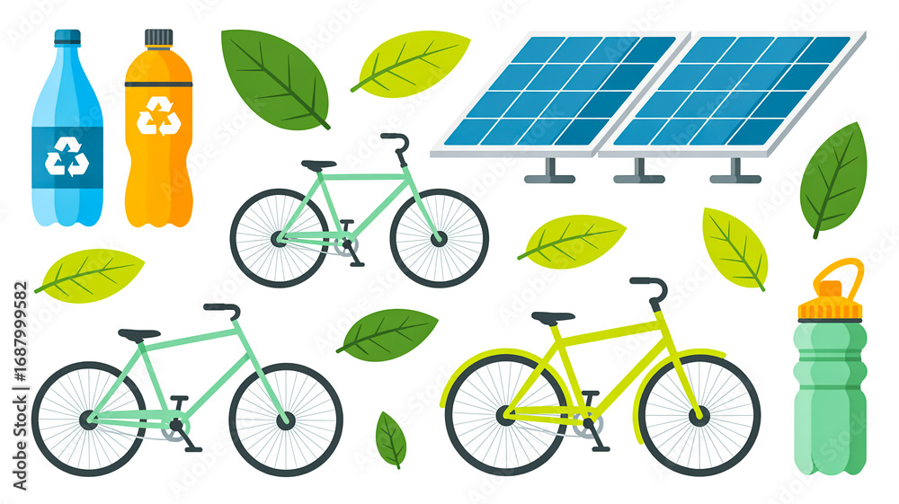 A flat design illustration of eco-friendly transportation and renewable energy elements arranged on a white background