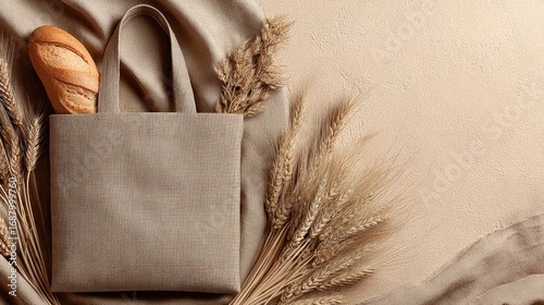 Beige cloth tote bag with baguette, surrounded by dried wheat sprigs on a textured beige background, creating a minimalist and natural aesthetic