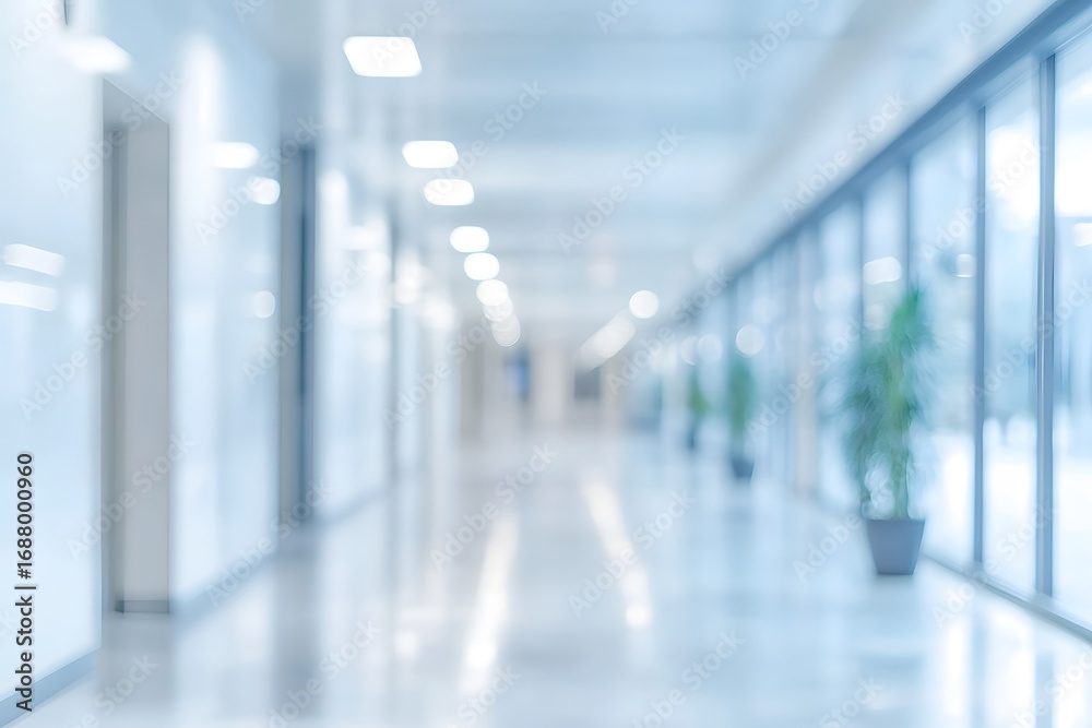 Ethereal Blue and White Blurred Perspective of a Modern Medical Corridor. Ethereal Blue and White Blurred Perspective of a Modern Medical Corridor.