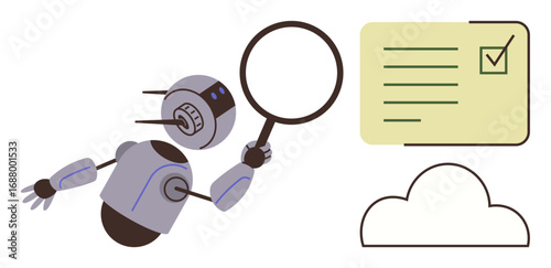 Robot using magnifying glass to inspect checklist near cloud icon, representing data review and technology use. Ideal for automation, AI, cloud computing, data analysis, quality control, innovation