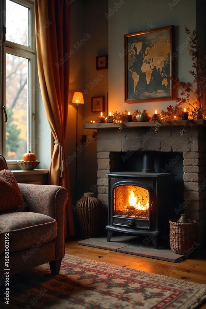 Fototapeta premium Cozy living room with a space heater providing warmth during the cold season Perfect for autumn or winter home interior scenes Ideal for blogs, websites, and marketing materials , winter, fireplace