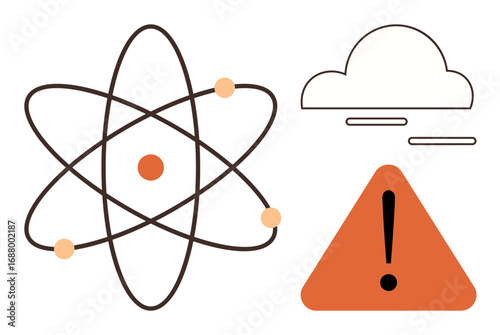 Atomic model with orbiting electrons, triangular warning sign with exclamation mark, cloud lines denoting abstraction. Ideal for science, technology, education, safety, caution, climate simple flat