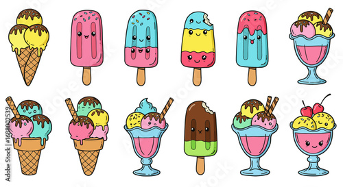 Adorable cartoon ice cream collection with charming facial expressions isolated on white