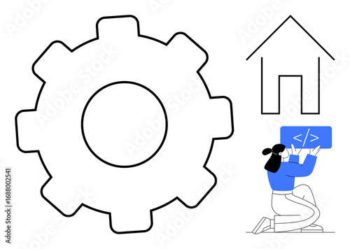 Woman working on code interface near gear and house symbols, symbolizing development, innovation, programming, design, home automation, and technology integration. Ideal for teamwork, system upgrade