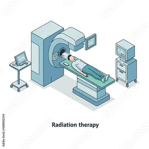 radiation therapy procedure patient lying in mri machine being scanned for diagnosis of cancer treatment plan process