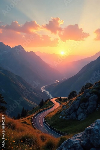 Serene mountain vista with a winding road disappearing into the distance, bathed in the golden light of sunset  Perfect for travel, adventure, and nature themes , light, exploration, nature