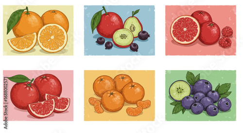 Collection of vibrantly illustrated fruit compositions, showcasing citrus and berries