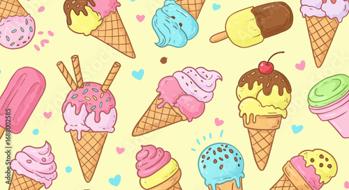 Colorful ice cream cones and popsicles seamless pattern on a yellow background