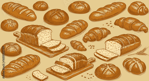 Delicious vintage bread and pastry background illustration for bakers and bakeries