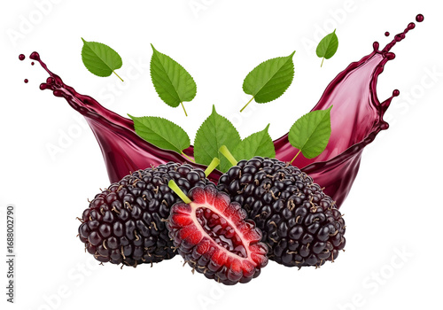 Juicy mulberries with vibrant splashes of juice and fresh leaves, highlighted against a dark background.