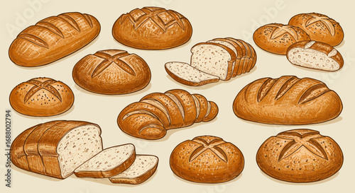 Variety of freshly baked bread and rolls, illustrated in vintage style
