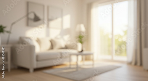 Blur living room at home with morning sunlight at big window for background usage. blur interior background concept. white, britht tone.
