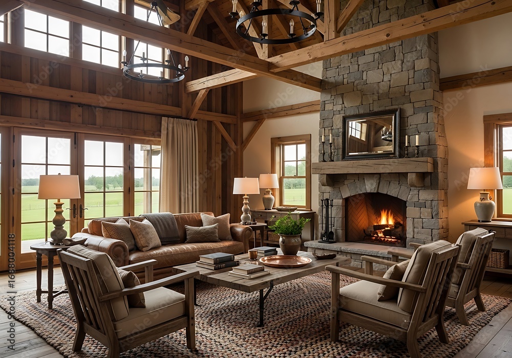 Fototapeta premium Rustic retreat showcases a stone fireplace, expansive windows and wood furnishings creating an inviting atmosphere for