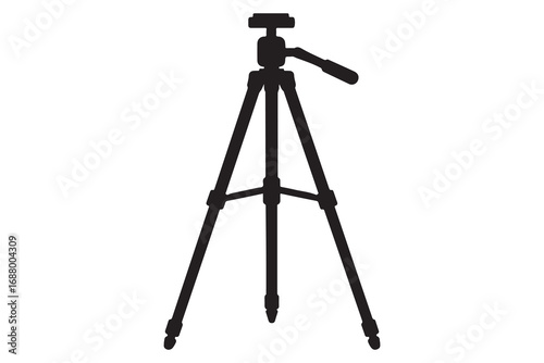 A silhouette of a camera tripod with a handle and adjustable legs on a white background